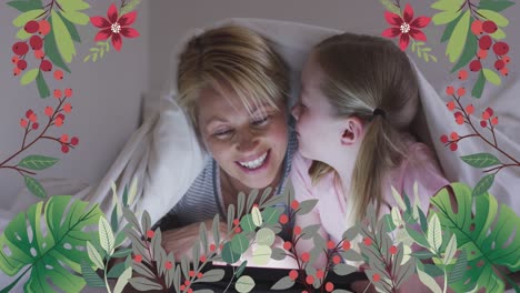 Animation-of-flowers-over-happy-caucasian-mother-and-daughter-talking-in-bed