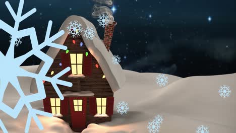 Animación-De-Nieve-Cayendo-Sobre-El-Paisaje-Invernal-Nocturno-Con-Casa