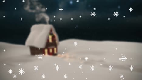 Animation-Von-Schnee,-Der-In-Eine-Nächtliche-Winterlandschaft-Fällt,-Mit-Einem-Haus,-Das-Durch-Das-Fenster-Gesehen-Wird