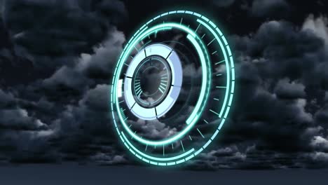 Animation-of-safe-lock-rotating-over-cloudy-sky