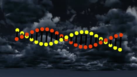 Animation-of-dna-strand-rotating-over-cloudy-sky