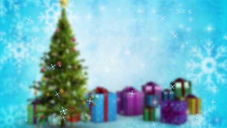 Animation-of-snow-falling-over-christmas-tree-and-presents-on-blue-background