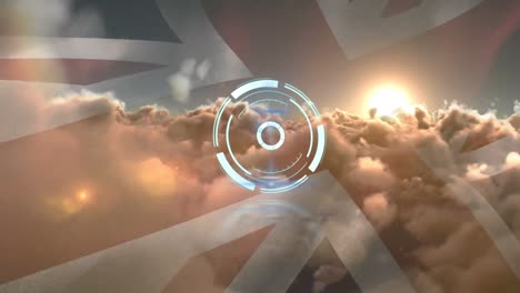 Animation-of-safe-lock-rotating-over-uk-flag-and-cloudy-sky