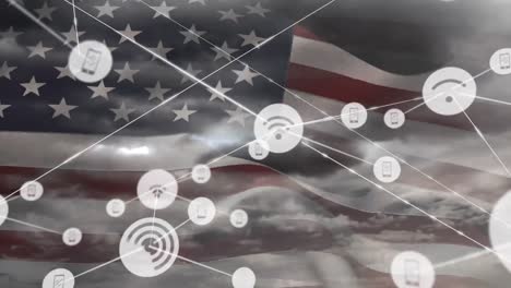 Animation-of-network-of-connections-with-icons-over-flag-of-united-states-of-america-and-sky