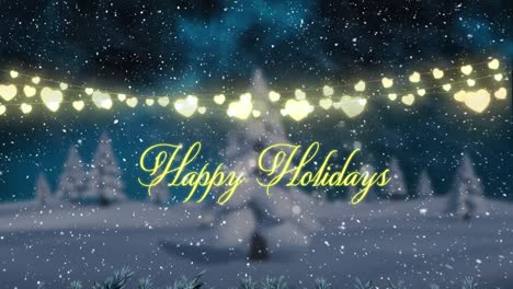 Animation-of-season's-greetings-with-christmas-fairy-lights-and-snow-falling-over-winter-landscape