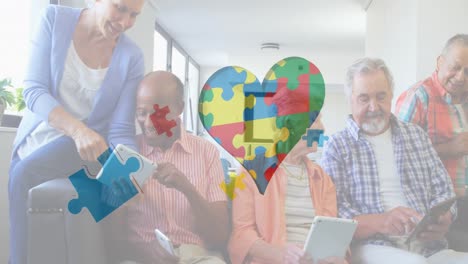 Animation-of-colourful-puzzle-pieces-heart-over-senior-friends-using-electronic-devices