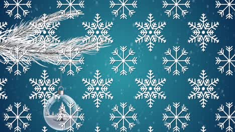 Animation-Einer-Weihnachtskugel-Am-Baum-Mit-Schneeflockenmuster-Auf-Blauem-Hintergrund