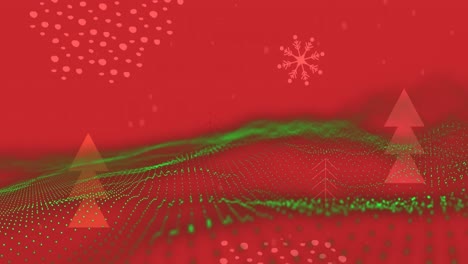 Animation-of-snow-falling-over-christmas-decorations-and-fir-trees-with-green-mesh-on-red-background