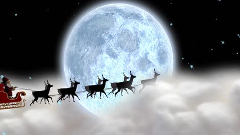 Animation-of-santa-claus-in-sleigh-with-reindeer-moving-over-clouds-and-moon