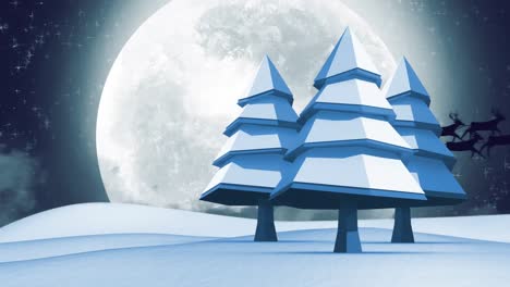 Animation-of-santa-claus-in-sleigh-with-reindeer-moving-over-winter-landscape-and-moon