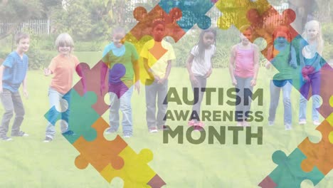 Animation-of-colourful-puzzle-pieces-and-autism-awareness-month-text-over-schoolchildren