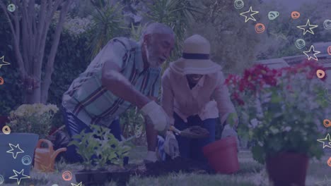 Animation-of-stars-and-circles-over-african-american-senior-couple-gardening