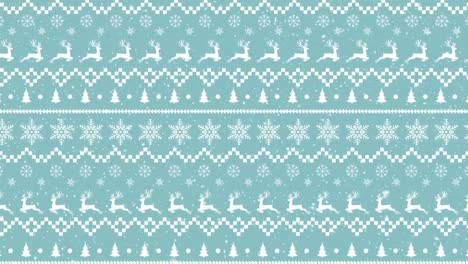 Animation-Von-Schnee,-Der-über-Weihnachtliches-Rentiermuster-Auf-Blauem-Hintergrund-Fällt