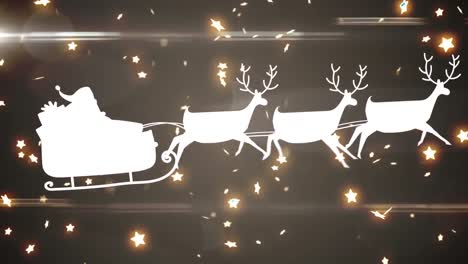 Animation-of-glowing-stars-falling-over-santa-claus-in-sleigh-with-reindeer
