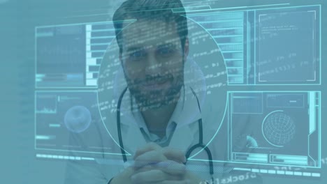 Animation-of-data-processing-on-digital-interface-over-smiling-male-doctor