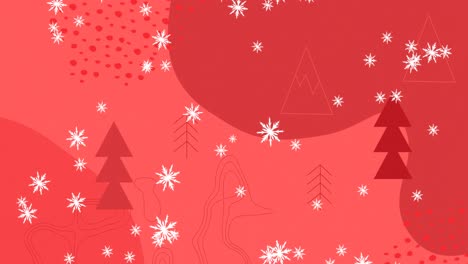 Animation-Von-Schnee,-Der-über-Weihnachtsdekorationen-Und-Tannenbäumen-Auf-Rotem-Hintergrund-Fällt