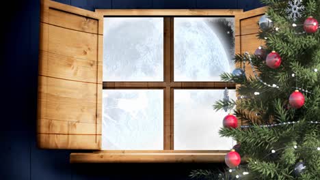 Santa-claus-and-reindeer-flying-over-moon,-window-view