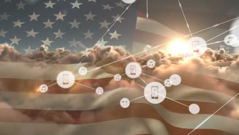Animation-of-network-of-connections-of-icons-with-smartphones-over-usa-flag-and-clouds