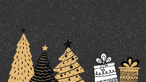 Animation-of-snow-falling-over-christmas-trees-and-presents-on-black-background