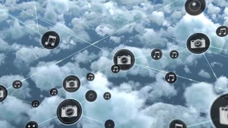 Animation-Des-Netzwerks-Von-Verbindungen-Von-Symbolen-Mit-Kameras-Und-Notizen-über-Wolken