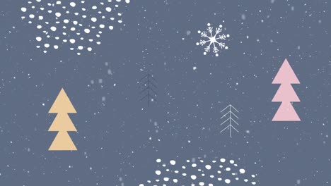 Animation-of-snow-falling-over-christmas-trees-on-blue-background