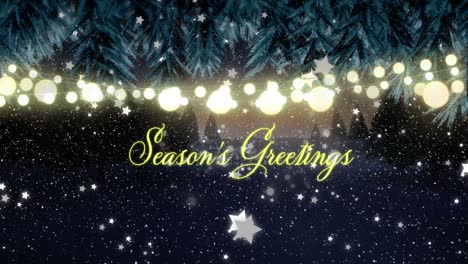Animation-of-season's-greetings-with-christmas-fairy-lights-and-snow-falling-over-winter-landscape