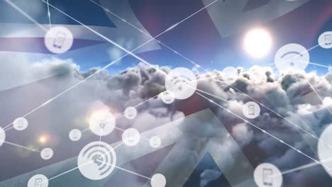 Animation-of-network-of-connections-of-icons-with-wi-fi-over-usa-flag-and-clouds