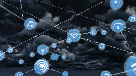 Animation-of-network-of-connections-of-icons-with-wi-fi-over-clouds