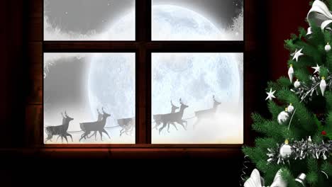 Weihnachtsmann-Und-Rentier-Fliegen-über-Den-Mond,-Fensterblick