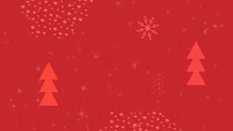 Animation-of-snow-falling-over-christmas-decorations-and-fir-trees-on-red-background