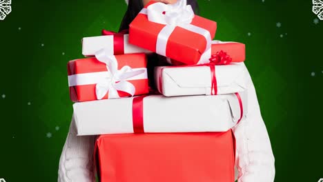 Animation-of-surprised-caucasian-woman-keeping-presents-wearing-santa-clothes-over-green-background