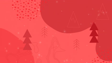 Animation-of-snow-falling-over-trees-and-christmas-pattern-on-red-background