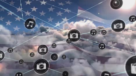 Animation-of-network-of-connections-of-icons-with-cameras-and-notes-over-usa-flag-and-clouds