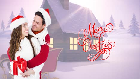 Animation-of-christmas-greetings-and-happy-caucasian-couple-keeping-present-over-winter-scenery