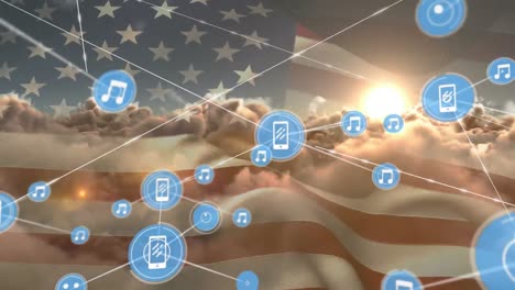 Animation-of-network-of-connections-of-icons-with-smartphones-and-notes-over-usa-flag-and-clouds