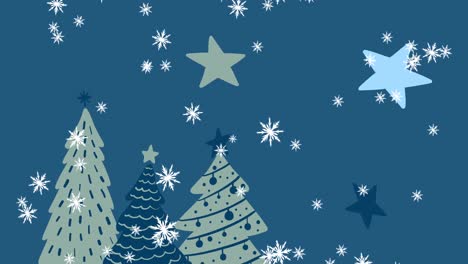 Animation-of-snow-and-stars-falling-over-christmas-trees-on-blue-background