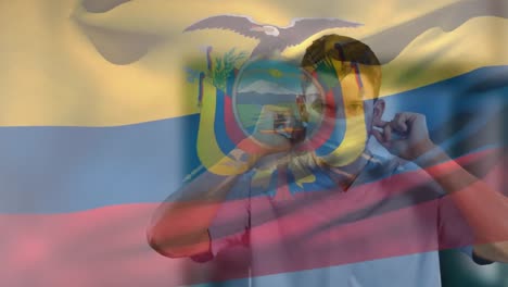 Animation-of-flag-of-equador-waving-over-caucasian-doctor-wearing-face-mask