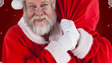 Animation-of-happy-santa-claus-with-gift-bag-over-red-background
