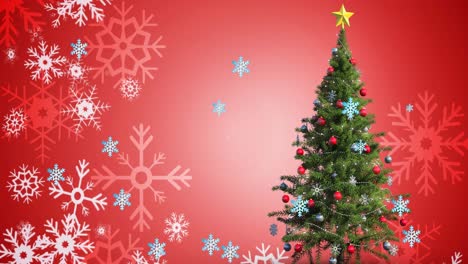 Animation-of-snow-falling-and-christmas-tree-over-red-background