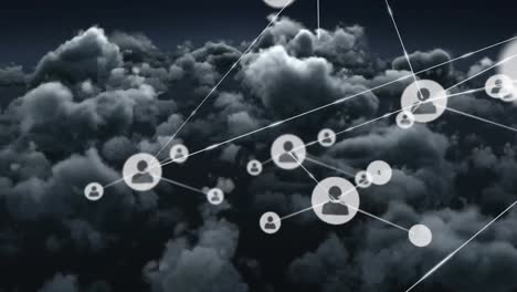Animation-of-network-of-connections-of-icons-with-people-over-clouds