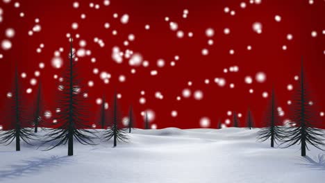 Animation-of-snow-falling-over-winter-scenery-on-red-background