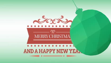 Animation-of-green-christmas-bauble-over-christmas-greetings-on-green-background