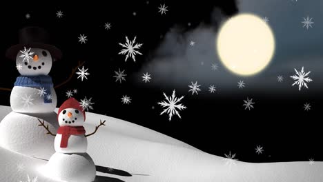 Animation-of-snow-falling-over-two-smiling-snowmen-in-winter-scenery