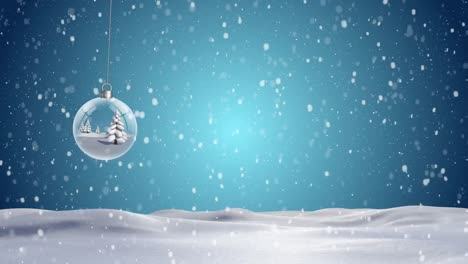 Animation-of-snow-falling-over-dangling-christmas-bauble-with-tree-on-blue-background