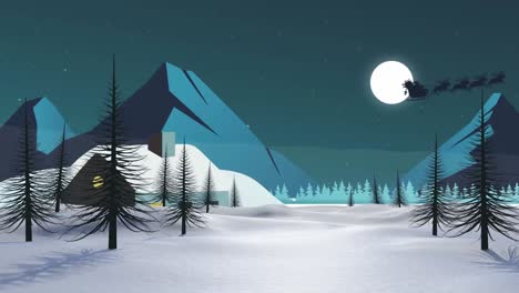 Animation-Des-Weihnachtsmanns-Im-Schlitten-Mit-Rentieren,-Der-Sich-über-Die-Winterlandschaft-Und-Den-Mond-Bewegt