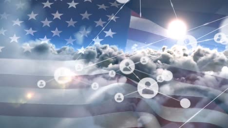 Animation-of-network-of-connections-of-icons-with-people-over-usa-flag-and-clouds