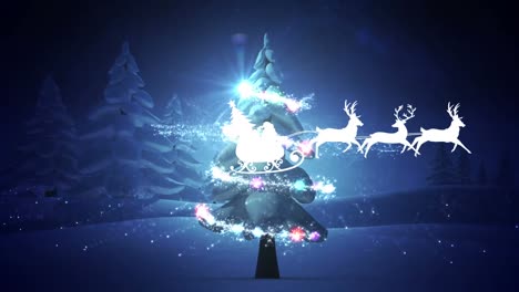 Animation-of-santa-claus-in-sleigh-with-reindeer-over-shooting-star-and-christmas-tree