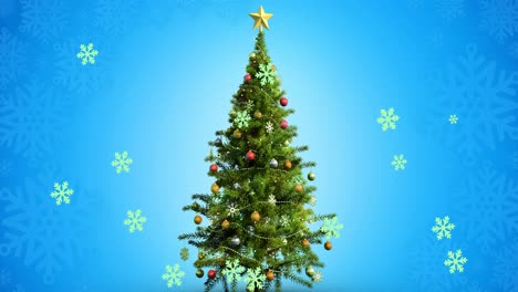 Animation-of-snow-falling-and-christmas-tree-over-blue-background