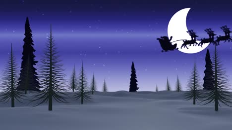 Animation-of-santa-claus-in-sleigh-with-reindeer-moving-over-winter-landscape-and-moon