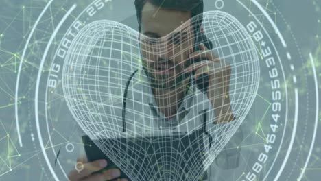 Animation-of-scanner,-heart-and-network-of-connections-over-male-doctor-using-tablet-and-smartphone